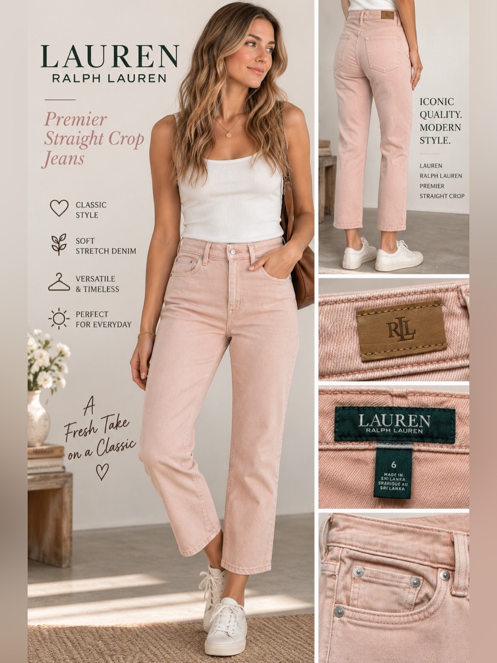 Lauren Ralph Lauren Premier Straight Crop Jeans Size 6 Blush Pink